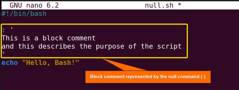 Representing Bash block comments using null (:)command