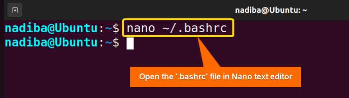 Opening ".bashrc" file in Nano text editor