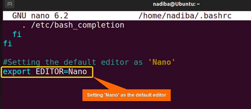 Setting 'Nano' as default editor in ".bashrc" file