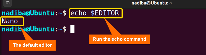Output showing that the default editor is 'Nano'