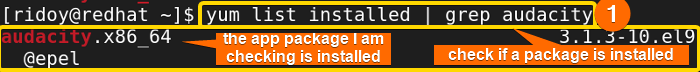 check if an app package is installed from all installed app packages list using yum list command 