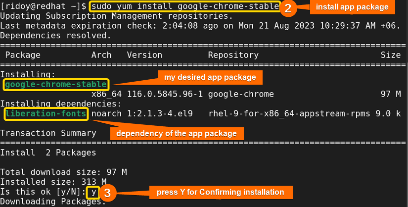 using yum package manager install an rpm app package