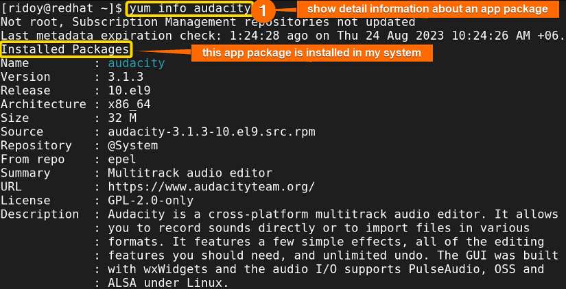 check if an app package is installed using yum info command 