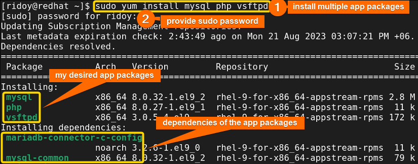 using yum package manager install multiple rpm app packages altogether