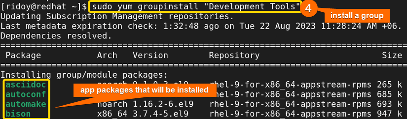 install a group using yum package manager in Red hat based distributions using terminal