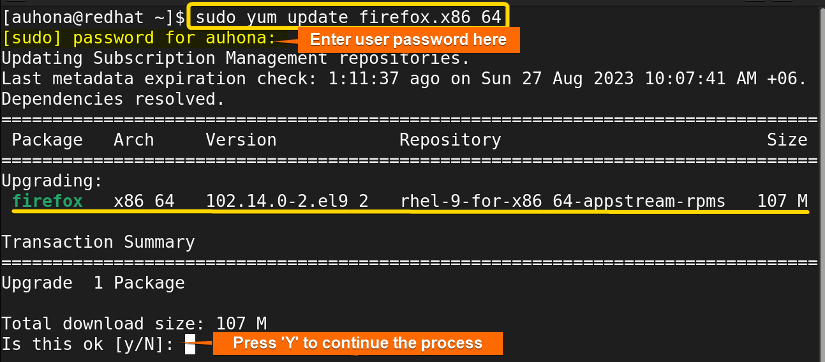 Updates the specific package 'firefox' to it's most updated version.