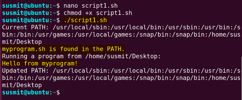 The myprogram.sh Bash script has been executed from the user’s home directory. Then the PATH variable has been updated and the updated value has been printed on the terminal.