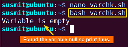 The Bash script has checked with if condition and printed on the terminal that the variable is empty.