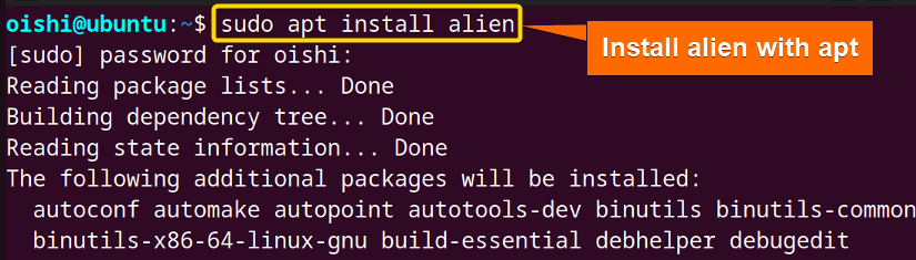Install alien with apt for converting files