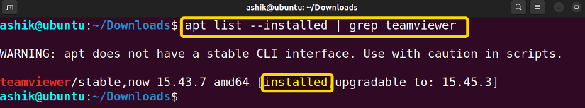 Verifying the installation of TeamViewer in Ubuntu.