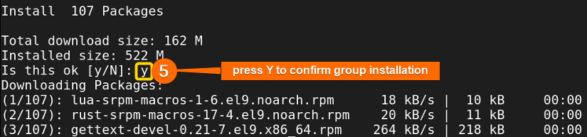 press Y to confirm rpm group packages installation