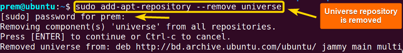 the universe repository is removed using command 