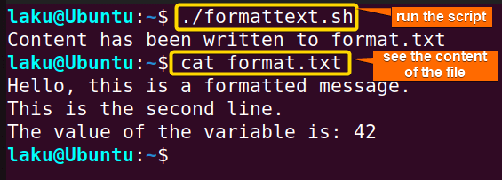 Writing formatted text to file using printf command