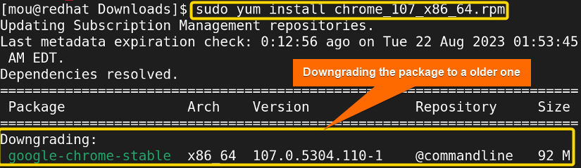 downgrading the new version of the google chrome to a old version with yum command