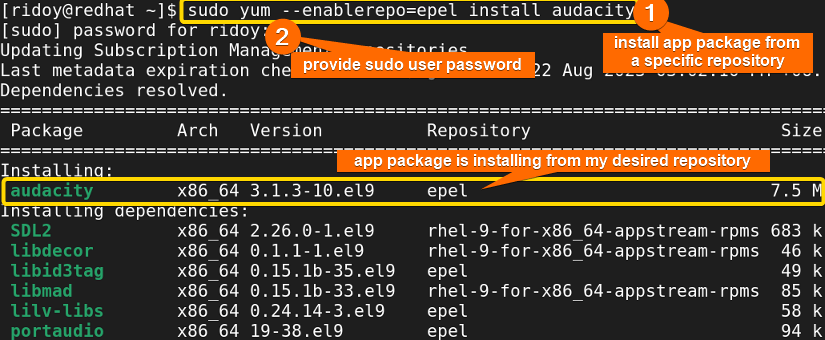 using yum package manager install an rpm app package from a specific remote repository