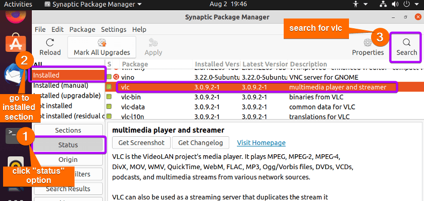 searching for vlc in synaptic package 