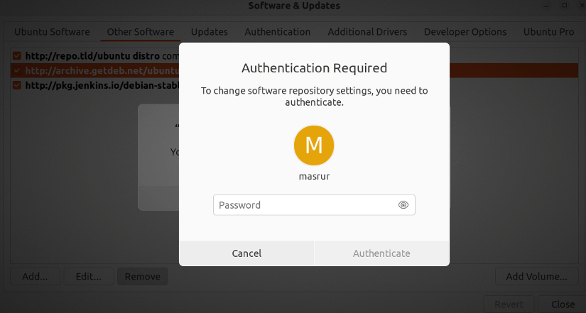 authentication needed to remove apt repository