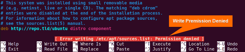 the source apt repository file is not writtable