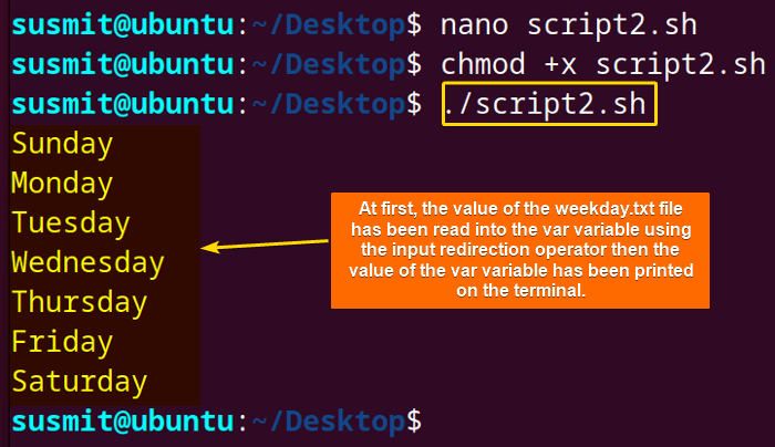 The value of the weekday.txt file has been read into the var variable using the input redirection operator then the value of the var variable has been printed on the terminal.
