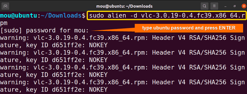 rpm file format of vlc is converting to a deb file format