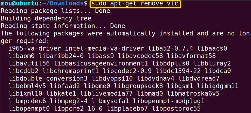 Remooving vlc package alone using apt-get command