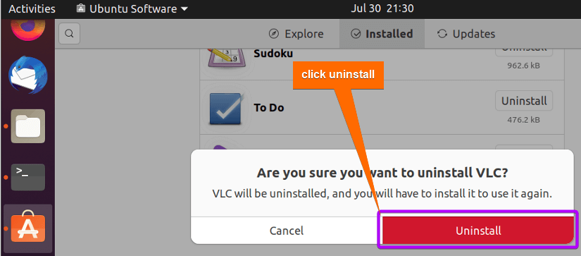 click uninstall to remove vlc