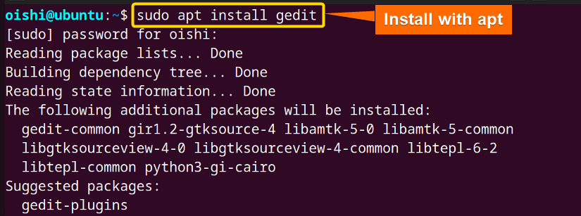 Install gedit package with apt