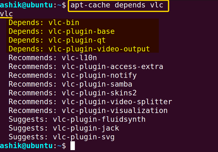 apt-cache depends command showing the dependencies of vlc in the terminal.
