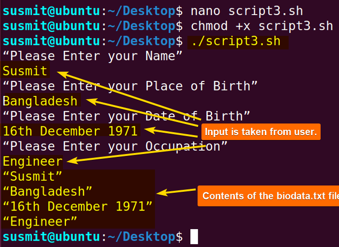 The script3.sh Bash script has taken the value of some variables from the user and then written them to a file named biodata.txt.
