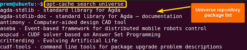 the apt search universe command to verify the enabling of universe repo in ubuntu 