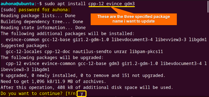 Here I've updated three packages of my preference from the upgradable list using a single command sudo apt install cpp-12 evince gdm3.