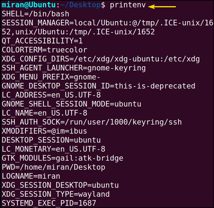 List of environment variable using printenv command