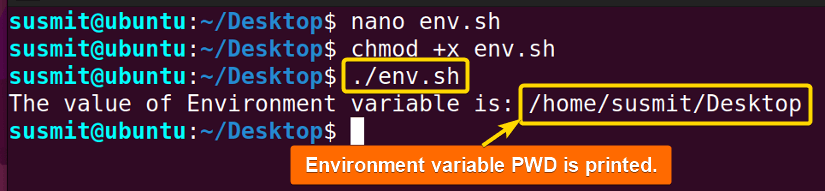 The Bash script has found the value of the PWD env variable and printed it on the terminal.
