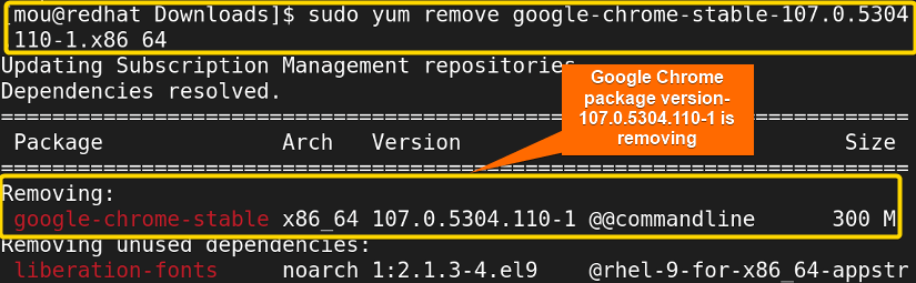 removing the old version of the google chrome package using yum
