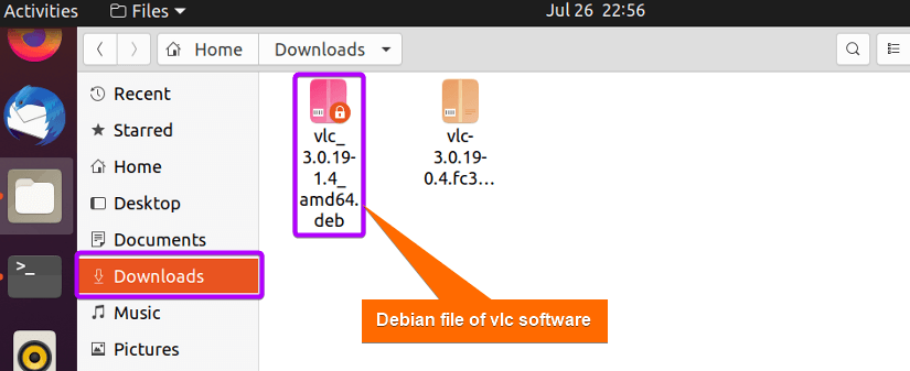 deb file of vlc is created in Downloads folder