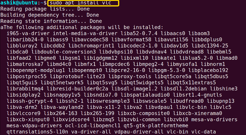 terminal output of installing vlc.