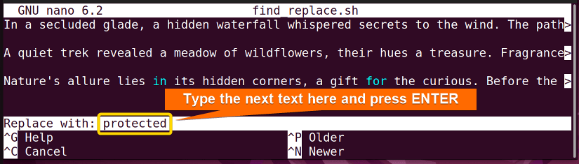 Inserting the new text to replace in Nano