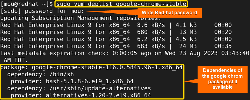 Checking dependencies of the google chrome package using yum