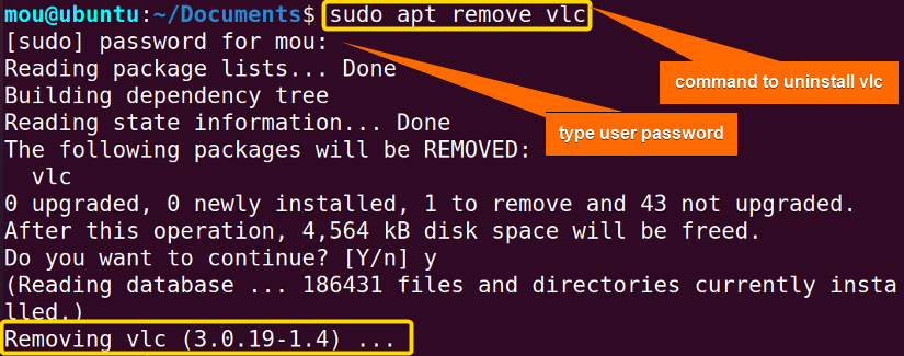 removing vlc with apt command