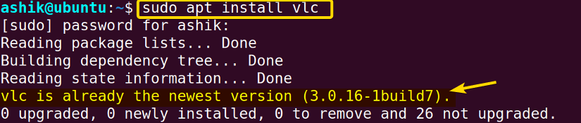 terminal output shows vlc is already installed.