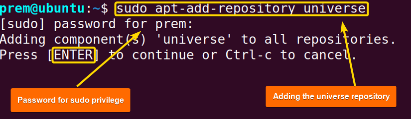 The universe repository is being added to the system. This gives access to third-party software in LINUX repository configuration.