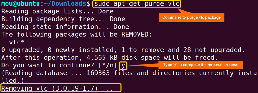 removing vlc with config files using apt-get purge command