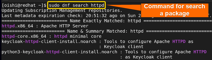 Search for httpd with dnf