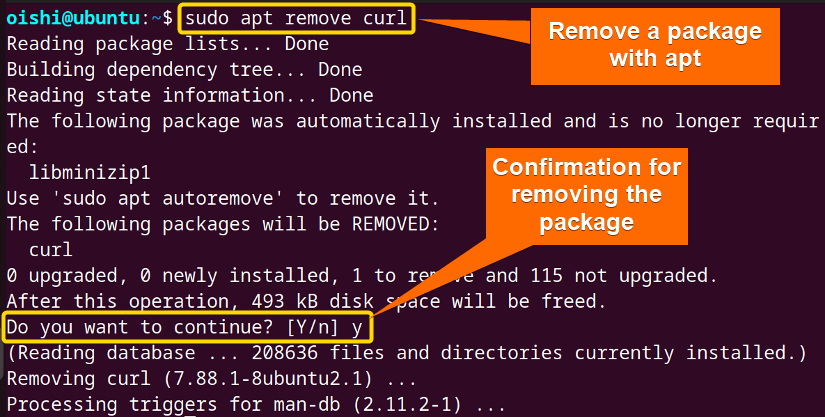Remove curl package with apt