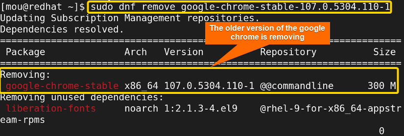 removing the old version of the google chrome package using dnf