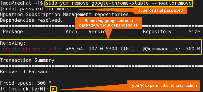 force remove package without dependency with noautoremove option using yum