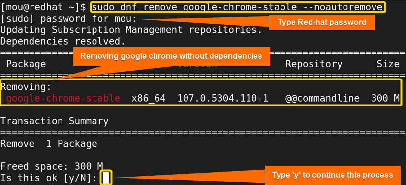 force remove chrome without dependencies with noautoremove option using dnf