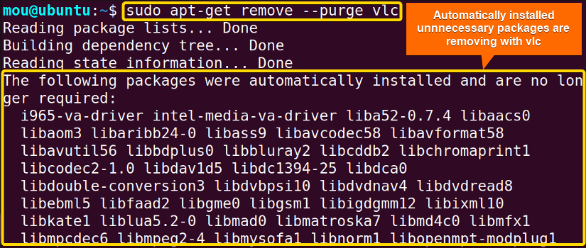 removing and purging vlc package with config files, libraries, and binaries using apt get
