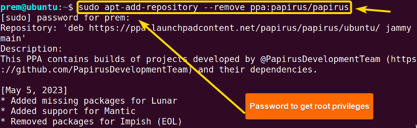 here, the ppa repository is being removed. For successful configuration, sudo is there for getting superuser privileges.