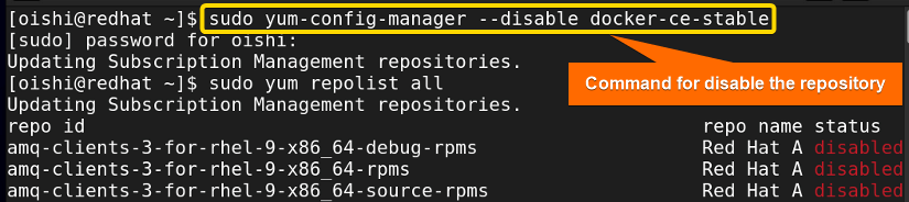 Command for disabling the repository